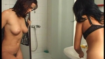 sexy brunette girl & girlfriend pissing in the toilet