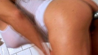 Denise Masino - Shower with a Silver Suction Dildo - Female Bodybuilder
