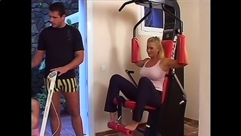 Two hot milfs in gym receive training fuck from lucky dude