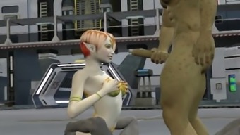 3D alien babe gets double teamed