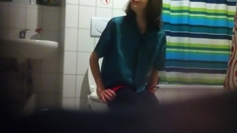 Skinny Girl with Blue Thong on Toilet Caught Again at Party