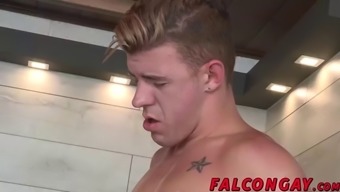 tall and fit hunks get naughty near the pool with blowjob