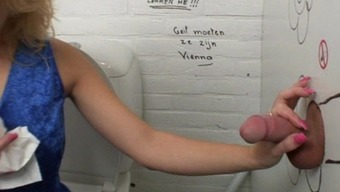 Blonde smoke in the toilet and gets her tits jizzed at the gloryhole