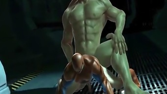 3D cartoon Spiderman getting blown and fucked by The Hulk
