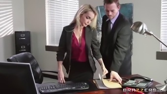 Busty blonde secretary sucking on her boss's big hard dick