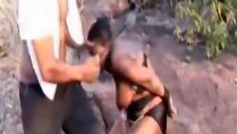 Rough outdoor deepthroat and body torment with African slut