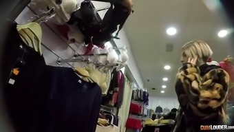 Pierced skank rides a thick boner in a dressing room