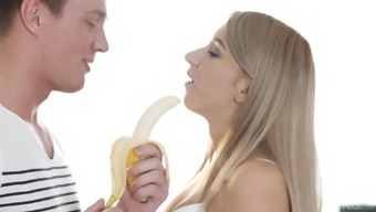 Tequila Girl eats a banana and then stuffs a hard cock deep inside her