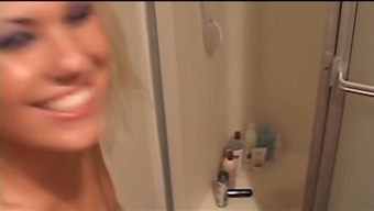 Nasty blonde demonstrates deepthroat blowjob in a toilet