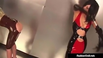 RubberDoll & Rubber Painted Lady Spanked In Open Ass Skirts!