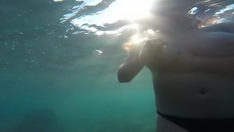 Big tit wife topless beach in Greece underwater