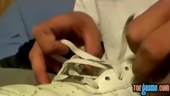 Thug twink Ajax shows off shoes before masturbation cumshot