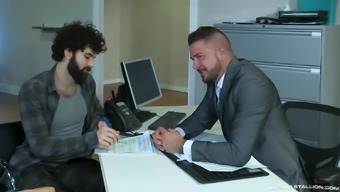 Sloppy gay deepthoat blowjob and kinky ass fucking at the office