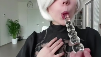 Nier: 2B covered with milk hardly masturbates - teen cosplay squirt