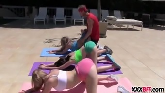 Smoking hot girls like to do yoga outdoors with a perv instructor