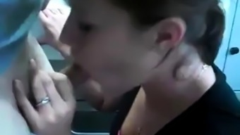 Nice amateur teen on knees gives blowjob in train bathroom