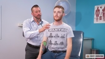 Well hung gay doctor pounds his ginger patient at the office