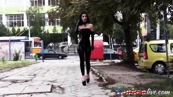 Ultra sexy goth girl wearing black lipstick in public