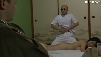 Japanese husband quietly watching his wife being fucked by a blind masseur