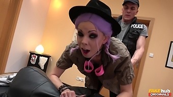 Kinky purple haired witch spreads her legs and gets facial ending