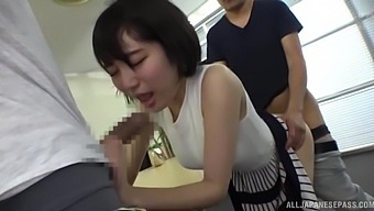 Hardcore threesome fucking on the office table with Fujie Shiho