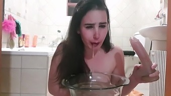 Teen self humiliation dunks face in piss bowl gagging on dildo