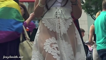 Jeny Smith walks in public in transparent dress without panties