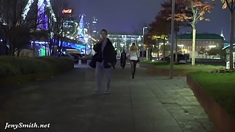 Deep Evening - Russian Jeny Smith walks in public in transparent pantyhose without panties.