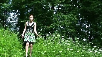 Ardent redhead goes deep in the forest to pee outdoors