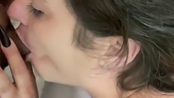Slow motion pov blowjob with curvy busty amateur model seducing the photographer to cum in her mouth