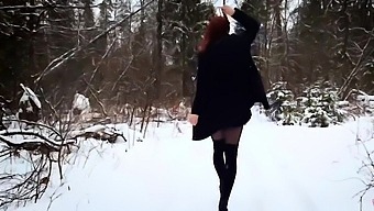 Sultry redhead in stockings plowed doggystyle in the woods