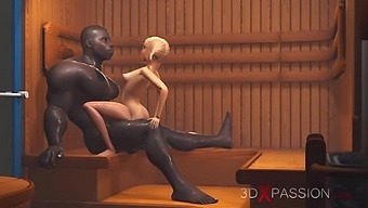Black big guy plays with a teen college girl in sauna