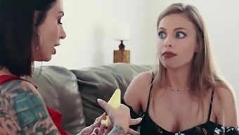 Lesbians Britney Amber and Ivy Lebelle playing dildo up thei