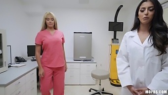 Horny nurses Athena Palomino and Sophia Leone check out dude's cock