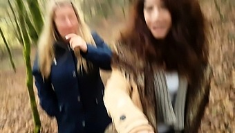 Blonde mom and brunette teen give a double blowjob outside