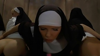 Sexy nuns fuck the lovely chicks' asses with massive dildos