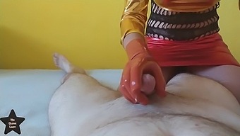 Tripple orgasm latex handjob using cock ring and massage oil