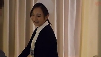 Horny Japanese nurse gives head and rides his dick on the bed