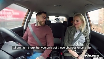 Busty brit driving student publicly cockrides on front seat
