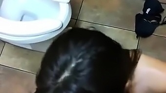 Cute brunette teen worships a big cock in a public toilet