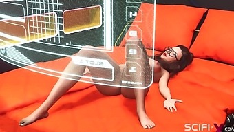 Cyber disco sex. A sexy nerdy girl in cuffs gets fucked by a disco man