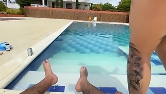 Dude jerks big cock and fills MILF's mouth after Poolside Sex