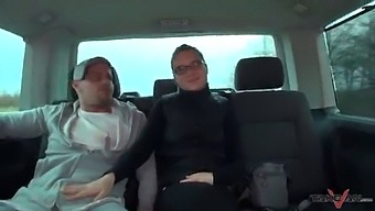 Horny threesome fuck in the driving van, pissing and cumshot included