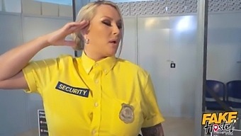 Fake Hostel - Big busty blonde cheating wife gets searched by horny BBW airport security when she finds a bottle of lube in her ass and then needs to get some lesbian boobs action before giving her an orgasm so instense she squirts on a window