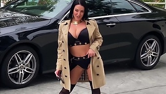 Angela White sucks in POV and spreads her legs dressed in black stockigns