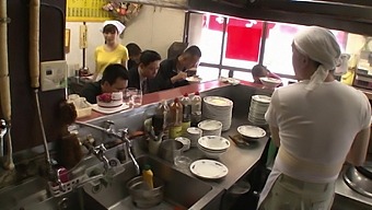 Kitchen maid in Asia Shop gets fucked by every man in the Shop 