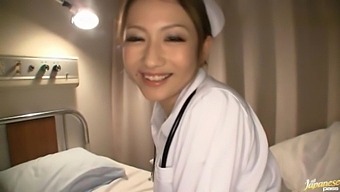Naughty Japanese nurse Reon Otowa shows her boobs and orgasmic pussy