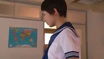 A gym teacher stands and fuck a tomboy girl student on a rainy day.