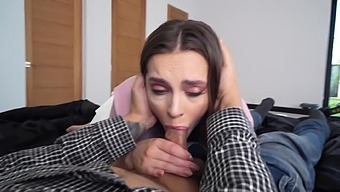 HD POV video of brunette Aften Opal sucking a hard penis