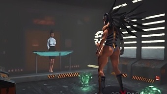 Cyber angel dickgirl plays with a sexy  ebony in the sci-fi lab